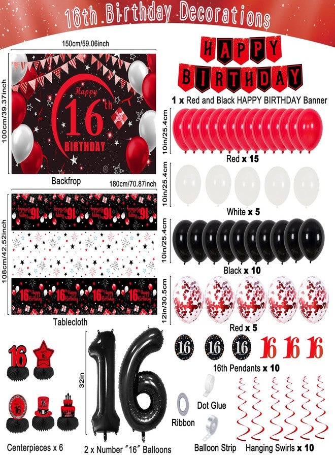 Coosilion 16th Birthday Decorations for Boys Girls Red Black, Sweet 16 Party Decorations with Happy 16th Birthday Banner Backdrop 16 Balloon Numbers Honeycomb Centerpieces Tablecloth 16 Years Old Party Supplies - Image 3